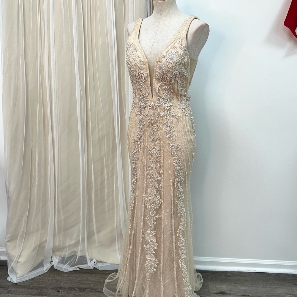 Cream Embellished Prom Mother of the Bride MOB MOD Evening Gown Dress Sz 8